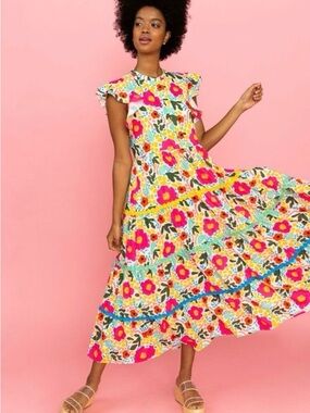 Bright Floral Ruffle Sleeve Maxi Dress - Multicolor